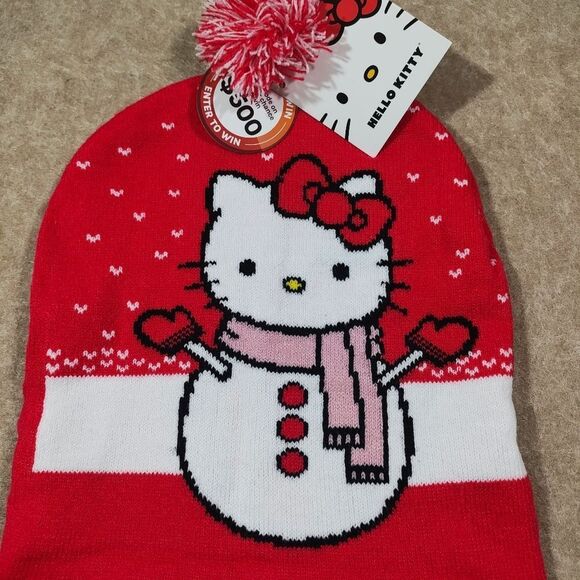 Hello Kitty Adult Red and White Knit Pom Beanie Hat -O - Picture 2 of 3